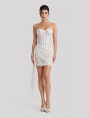 Corset Bodice Lace Mini Dress with Draped Skirt