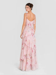 Boho Watercolor Floral Tiered Ruffle Maxi Dress