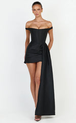 Marais Mini Dress - Contrast Draped Off Shoulder Dress in Black