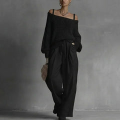 Women's Off-Shoulder Wide-Leg Two-Piece Set | Elegant Textured Trouser Co-Ord