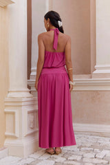 Camellia Mesh Halter Maxi Dress Magenta