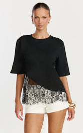 Abby Top - Asym Tee with Lace Trim in Black