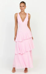 Beryl Midi Dress - Deep V Neck Sleeveless Layered Dress in Pink