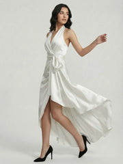 Midnight Elegance Satin Halter Ruffle Gown