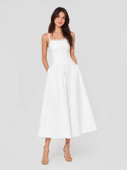 Cotton Eyelet Midi Dress with Lace Trim