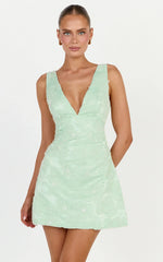 Lima Mini Dress - Plunge Neck Floral Embellished A Line Dress in Sage
