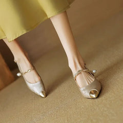 Women's Pearl Strap Slingback Kitten Heels | Pointed Toe Dress Pumps