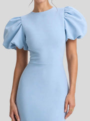 Puff Sleeve Scuba Crepe Midi Dress