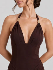 Gold-Tone Clasp Halter Hardware Maxi Dress