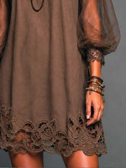 Women's Sheer Crochet-Hem Mini Dress | Boho Long-Sleeve Flowing Mini Dress
