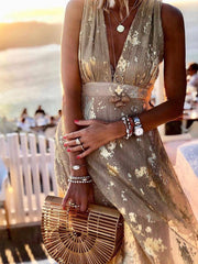 Women's Sleeveless Sequin V-Neck Evening Maxi Dress