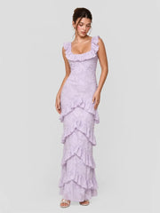Tiered Ruffle Hem Jacquard Maxi Dress