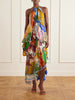 Mlak draped printed organza halterneck midi dress