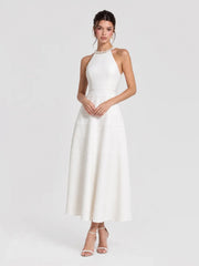 White Pearl Embellished Halter A-Line Midi Dress