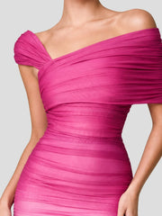 Ombre Sheer Ruched One Shoulder Maxi Dress