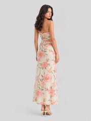 Strapless Floral Mesh Ruched Maxi Dress