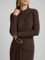 High-Neck Maxi Dress With Gathered-Detail