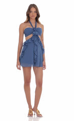 Chiffon Cutout Ruffle Dress in Denim Blue