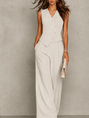 Women's Tailored Two-Piece Suit Set | Sleeveless Blazer & Wide-Leg Trousers