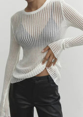 Women's Sheer Ribbed Knit Top | Slim-Fit Long-Sleeve Layering Top
