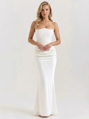 Strapless Boned-Corset Draped Satin Fishtail Maxi Dress