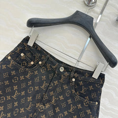 LV 25 Classic Logo Denim Shorts Black Cotton