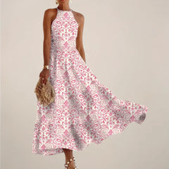 Women’s Printed Halter Neck Maxi Dress – A-Line Flowy Summer Dress