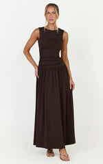 Marguerite Maxi Dress - Gathered Detail Dropped Waist Dress in Dark Chocolate