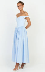 Lacey Midi Dress - Off Shoulder Gathered Waist Dress in Blue