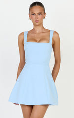 Donna Mini Dress - Square Neck Pin Tucked Waist Tulip Skirt Dress in Light Blue