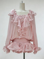 Ruffles Long Sleeve Mesh Mini Dress