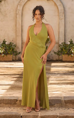 Dune Maxi Dress - Backless Plunge Neckline Draped Bodice Halter Dress in Olive