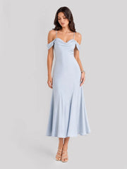Off Shoulder Satin Bias-cut Midi Dress