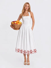 Cherry Embroidered Halter Midi Dress