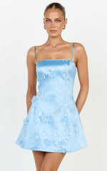 Vienna Mini Dress - Sleeveless Embellished Tulip Skirt Dress in Blue