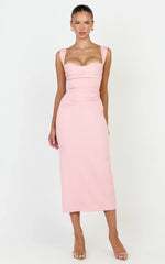 Kenna Midi Dress - Gathered Bust Tucked Waist Dress in Pink