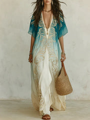 Women's Ombre Kaftan Maxi Dress | Flowing Boho V-Neck Maxi Dress