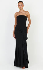 Leda Maxi Dress - Strapless Waterfall Sash Dress in Black