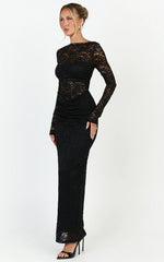Skye Maxi Dress - Lace Long Sleeve Draped Waist Dress in Black