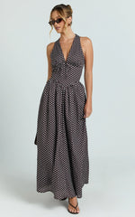 Abby Midi Dress - Sleeveless V-Neckline Dress in Chocolate Polkadot