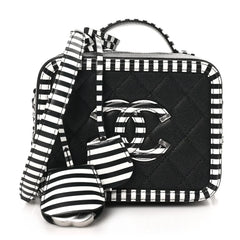 Caviar Quilted Striped Small CC Filigree Vanity Case Black White