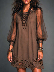 Women's Sheer Crochet-Hem Mini Dress | Boho Long-Sleeve Flowing Mini Dress