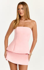 Pauline Two Piece Top and Skirt Set - Strapless A Line Top and Mini Skirt Set in Pink