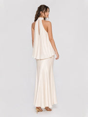 Halterneck Layered Ruffle Stain Maxi Dress