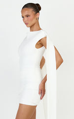 Cosette Mini Dress - Draped Sash Side Ruched Dress in White