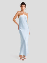 Satin Lace Trim Halter Maxi Dress