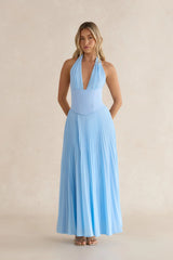 Paradise Falls Plisse Halter Maxi Dress Light Blue