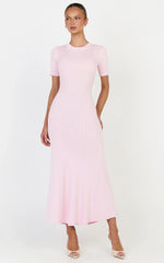 Lanie Midi Dress - Knitted Crew Neck Short Sleeve Dress in Pink