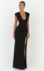Lilo Maxi Dress - V Neck Cap Sleeve Dress in Black