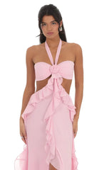 Chiffon Cutout Ruffle Maxi Dress in Pink